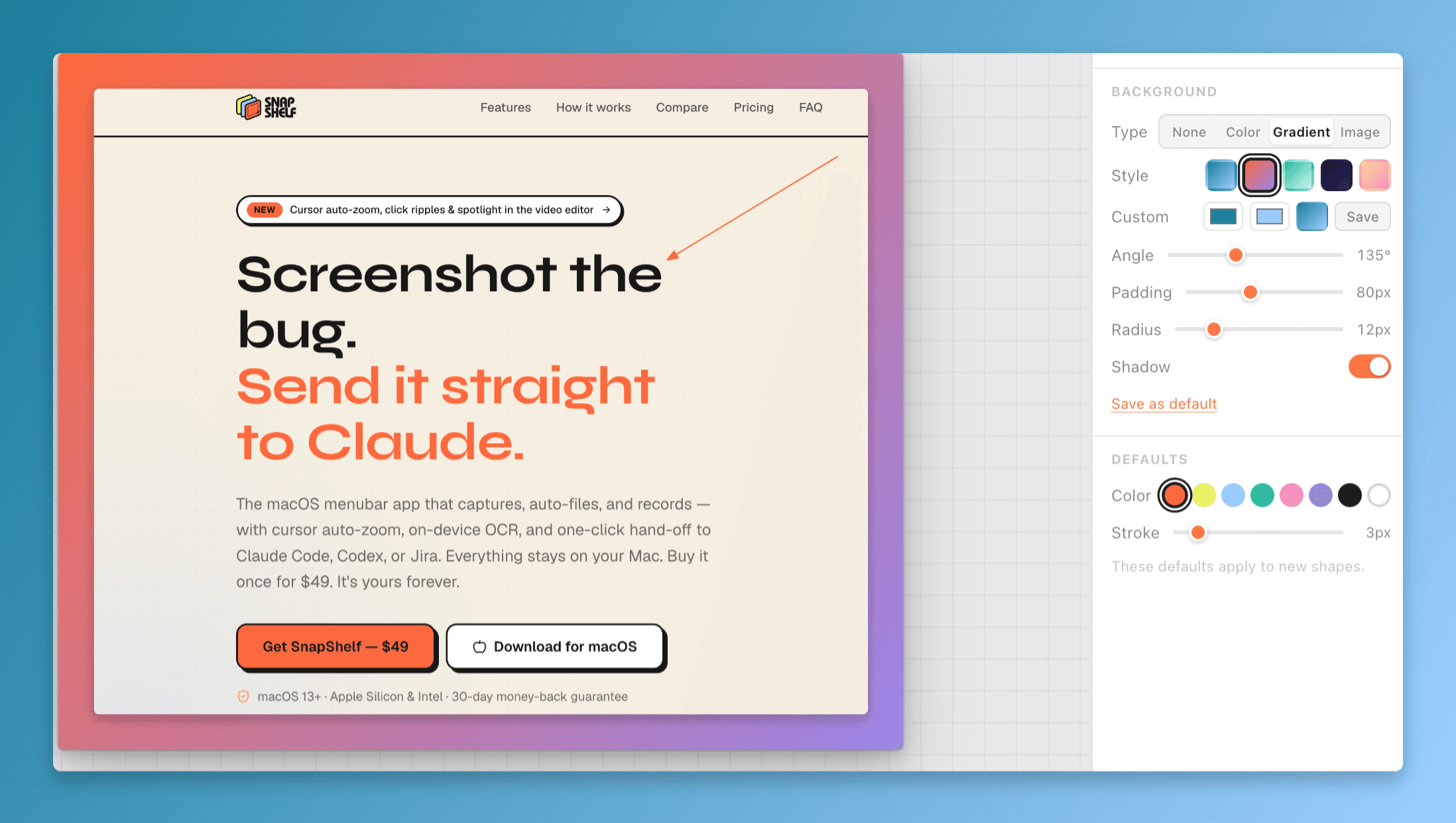 A documentation screenshot in the SnapShelf editor with numbered step badges and consistent padding applied.