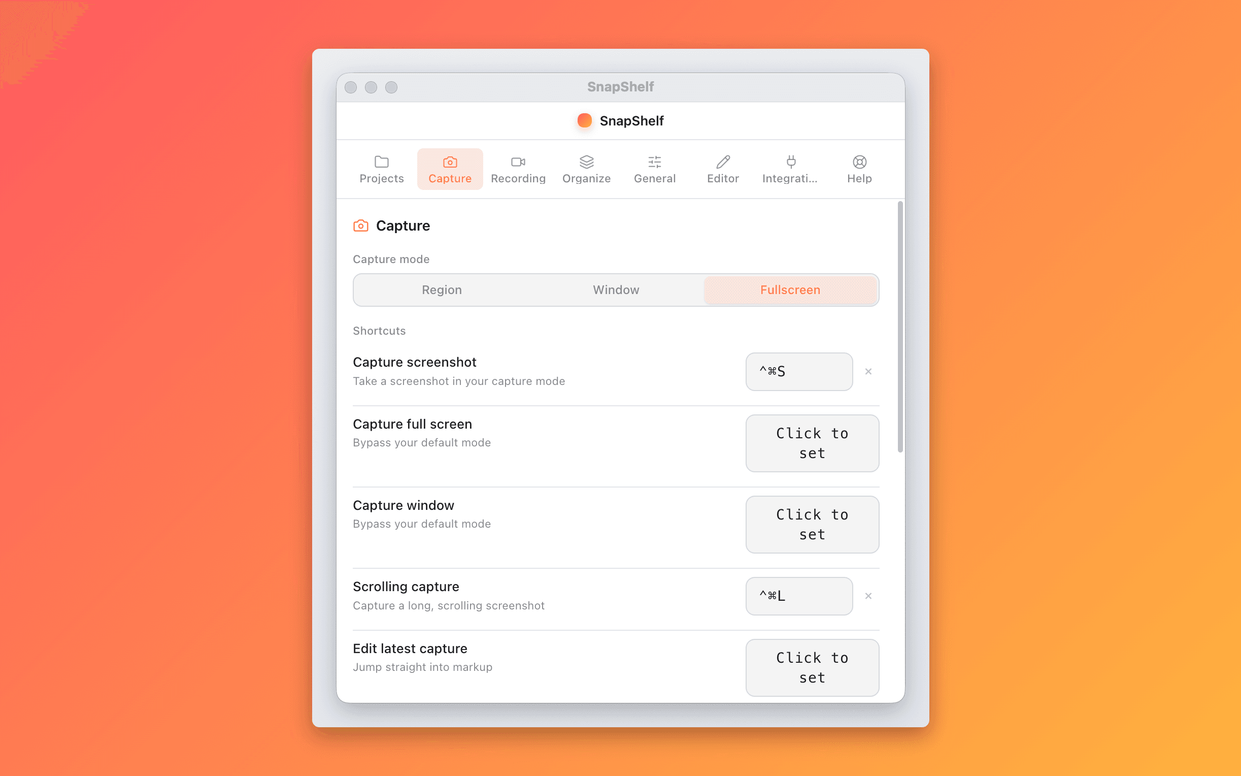 SnapShelf capture mode selector — region, window, and fullscreen screenshot on macOS
