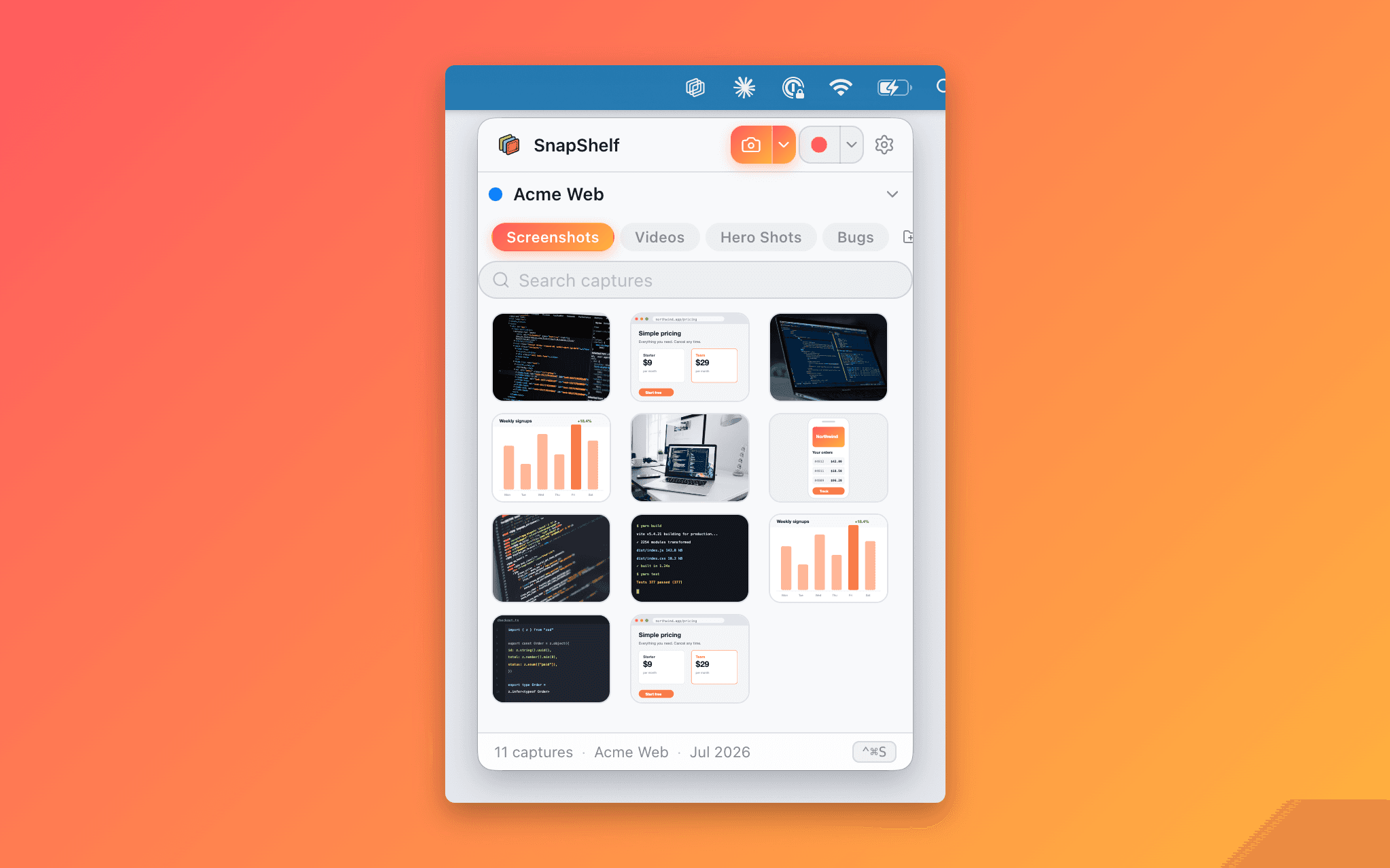 SnapShelf screenshot organizer gallery with thumbnail grid and instant search