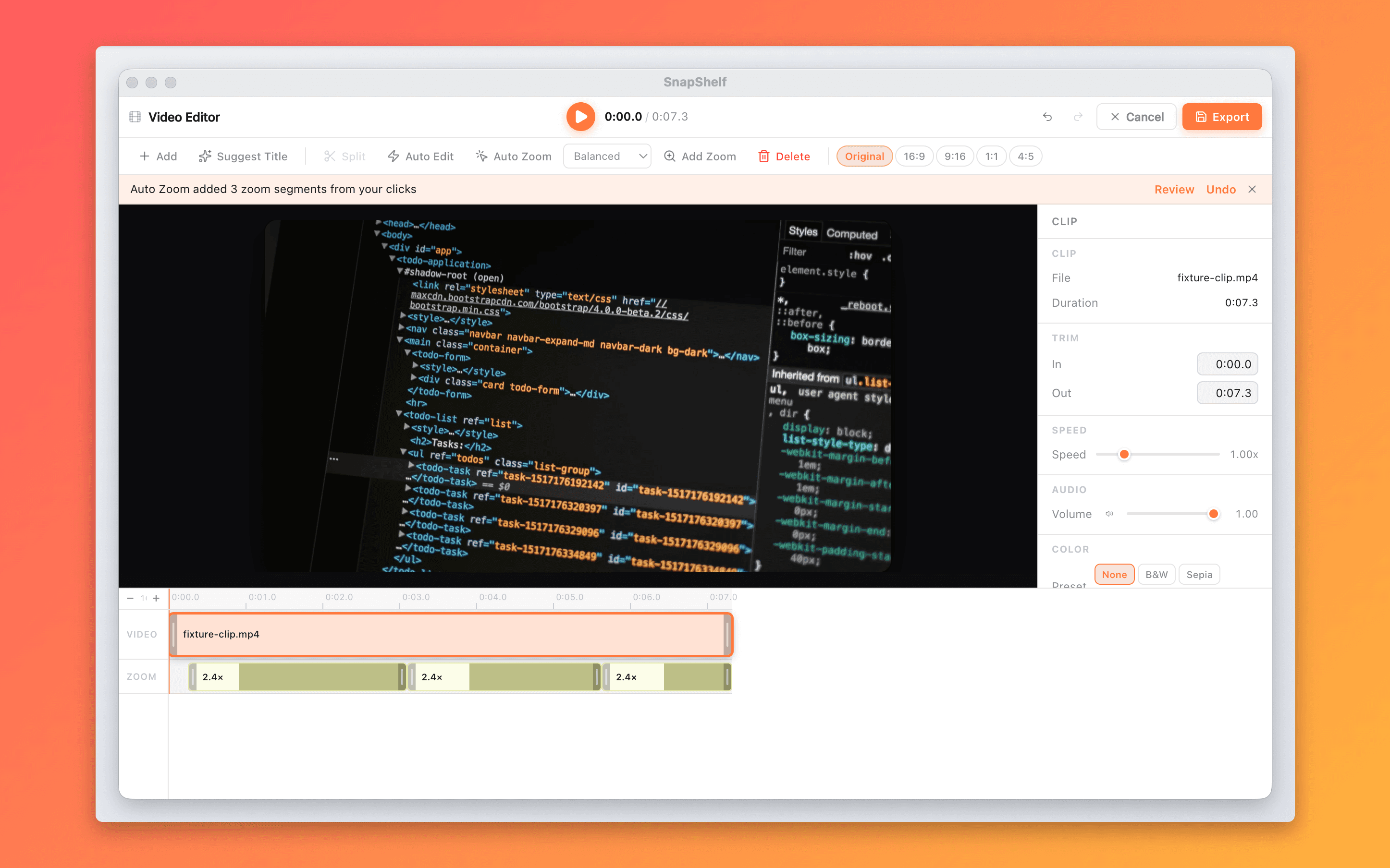 The SnapShelf timeline with a video track, music and voiceover tracks below it, and an auto-zoom segment selected.