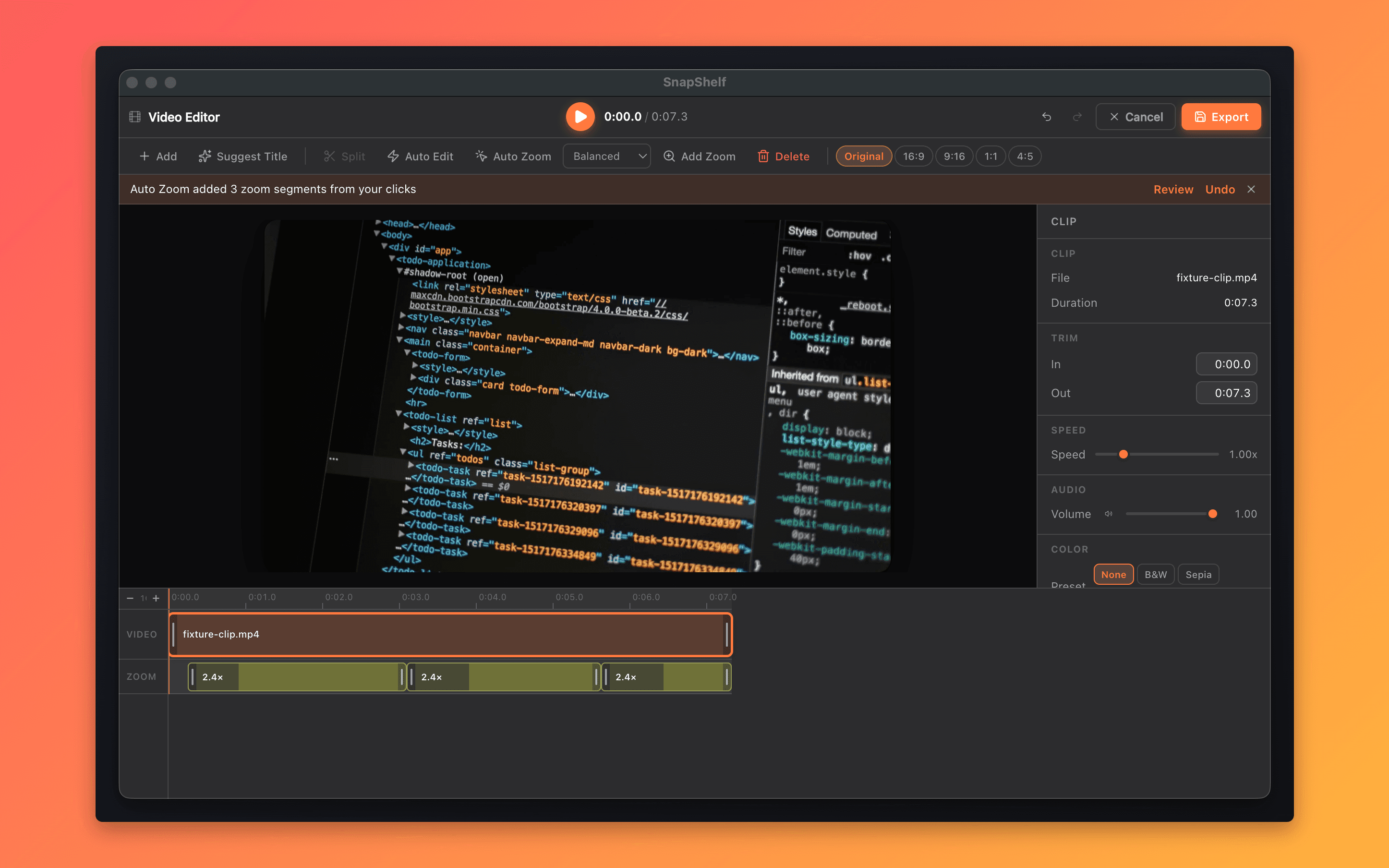 Cursor auto-zoom and the multi-track editor — the Screen Studio workflow, inside a full capture tool.